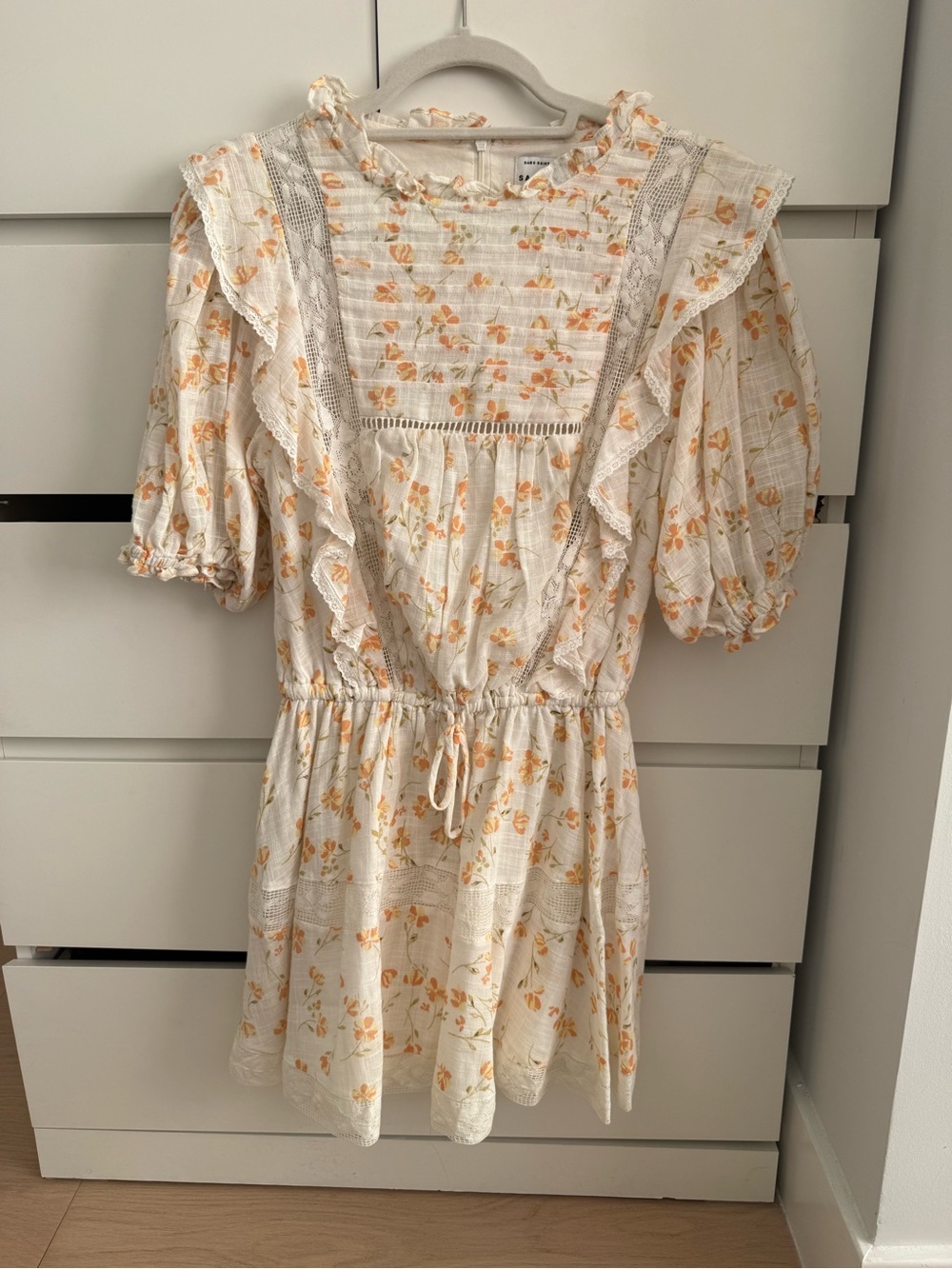 Sabo Skirt Cream Dress with Orange Floral Print and Lace Trim